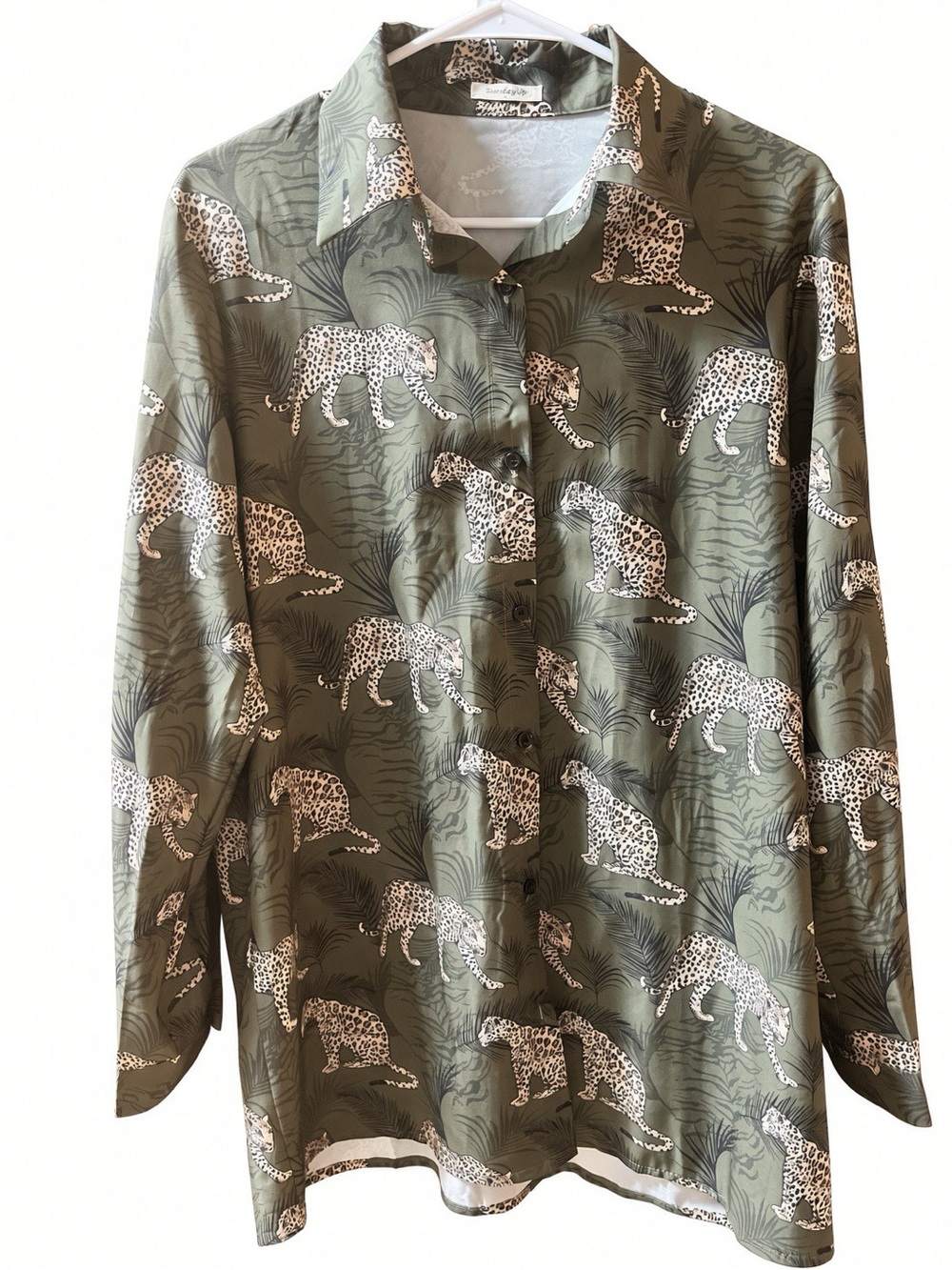 NWOT Sunday Up Olive Green Safari Leopard Print Button Down Shirt L